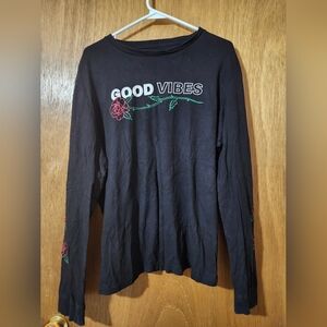 Black Long Sleeve 'Good Vibes' Shirt with Rose Embroidery